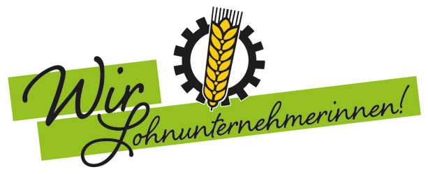 Logo mit einer gelben Weizenähre, einem schwarzen Zahnrad und dem deutschen Text Wir Lohnunternehmerinnen! in Grün und Schwarz.