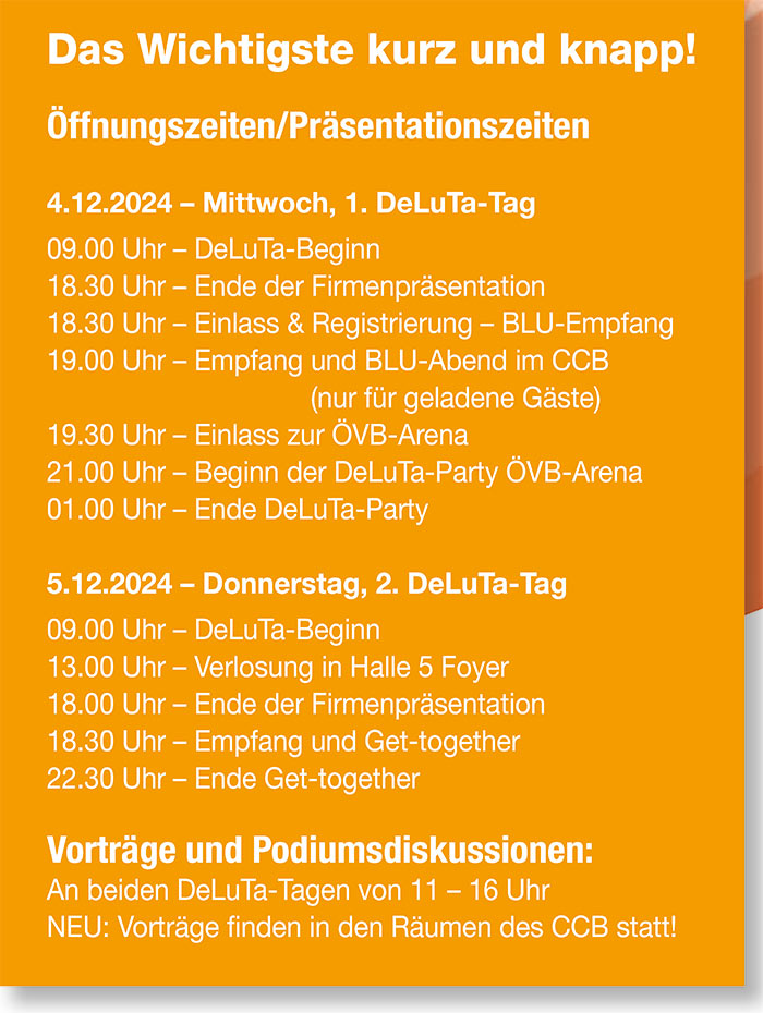 Zeitplan für die DeLuTa-Veranstaltung am 4. und 5. Dezember 2024 mit den Zeiten für Präsentationen, Partys und Diskussionen.