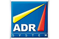 ADR System Logo mit gelben und roten Winkelformen über den weißen Buchstaben ADR SYSTEM auf blauem Hintergrund.