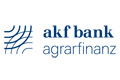 Akf bank agrarfinanz Logo mit blauem Text und abstrakten Linien auf der linken Seite.