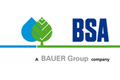BSA-Logo mit blauem Wassertropfen, grünem Blatt und dem Text "A BAUER Group company".