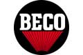 BECO-Logo mit fetten weißen Buchstaben über einem roten Fächer auf schwarzem, kreisförmigem Hintergrund.