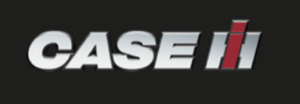 CASE IH-Logo mit fetten, metallischen Buchstaben und zwei roten parallelen Linien auf schwarzem Hintergrund.