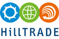 Hilltrade-Logo mit blauem Zahnrad, grünem Globus und orangefarbenen Wirbelsymbolen über dem Wort "HILLTRADE".