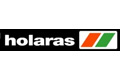 Holaras-Logo mit weißem Text auf schwarzem Grund und zwei diagonalen Streifen, einem orangefarbenen und einem grünen, in einem weißen Kasten.