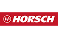 Rotes HORSCH-Logo mit weißem Text und einem runden Emblem auf der linken Seite.