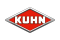 Rotes rautenförmiges KUHN-Logo mit weißen Buchstaben und silbernem Rand auf weißem Hintergrund.