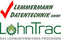 Logo der Lemmermann Datentechnik GmbH und LohnTrac mit rotem Häkchen und grünem Text.