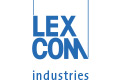 Blaues LEXCON Industrielogo mit vertikalen Linien auf beiden Seiten, Text auf weißem Hintergrund gestapelt.