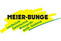 Logo mit MEIER-BUNGE in fetter blauer Schrift auf gelbem Grund; darunter grüner Text mit Auflistung der Dienstleistungen in deutscher Sprache.