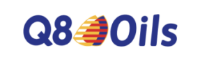 Q8 Oils-Logo mit blauem Text und einem stilisierten gelb und rot gestreiften Öltropfen zwischen Q8 und Oils.