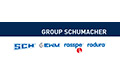 Logo der Schumacher-Gruppe mit den Logos SCH, EWM, Rasspe und Radura darunter auf weißem Hintergrund.