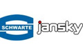 SCHWARTE jansky Logo mit "SCHWARTE" in Weiß innerhalb eines blauen Ovals und "jansky" in Grau mit einem roten Punkt auf dem j.