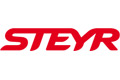 Rotes STEYR-Logo in fetten, kursiven Buchstaben auf weißem Hintergrund.