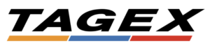 Fettgedruckter schwarzer TAGEX-Text über orangefarbenen, blauen und roten Diagonalstreifen auf weißem Hintergrund.