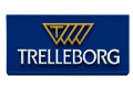 Trelleborg-Logo mit goldenem geometrischem Muster und Text auf blauem Hintergrund.