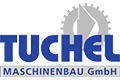 Logo der Tuchel Maschinenbau GmbH mit blauem Text und einer grauen Getriebegrafik im Hintergrund.
