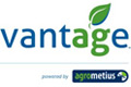 Vantage-Logo mit einem grünen Blatt über dem g und darunter powered by agrometius.