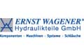 Logo für Ernst Wagener Hydraulikteile GmbH mit blauem Text und Hydraulikteilesymbol auf weißem Hintergrund.