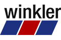 Winkler-Logo mit fettem schwarzen Text und blauen, roten und blauen Diagonalstreifen darunter.