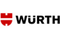 Würth-Logo mit fetten schwarzen Buchstaben und einem roten, schildartigen Emblem auf der linken Seite.